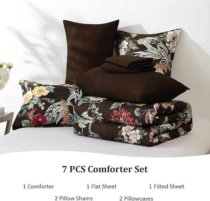 WONGS BEDDING Brown Comforter Set Queen, 7 Pieces Bed in a Bag Botanical Floral Comforter Bedding Set, Soft Microfiber Comforter with Flat Sheet, Fitted Sheet, Pillow Shams, Pillowcases
