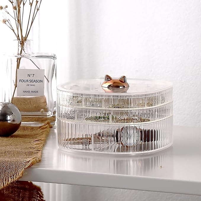 HALAFE Jewelry Box, 3-Layer Acrylic Jewelry Organizer with Cat Shape Handle, Clear Jewelry Boxes for Women Girls, Make up Organizer, Jewelry Storage Holder (Clear, Cat) - Image 3