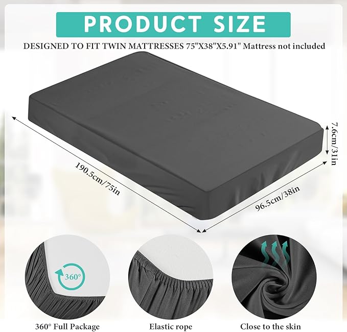 2-3 Inch Mattress Topper Cover (Only Cover) Memory Foam Protector Microfiber Memory Foam for Latex Mattress Topper Gel RV(Twin 75 x 38 Inch,Dark Gray)