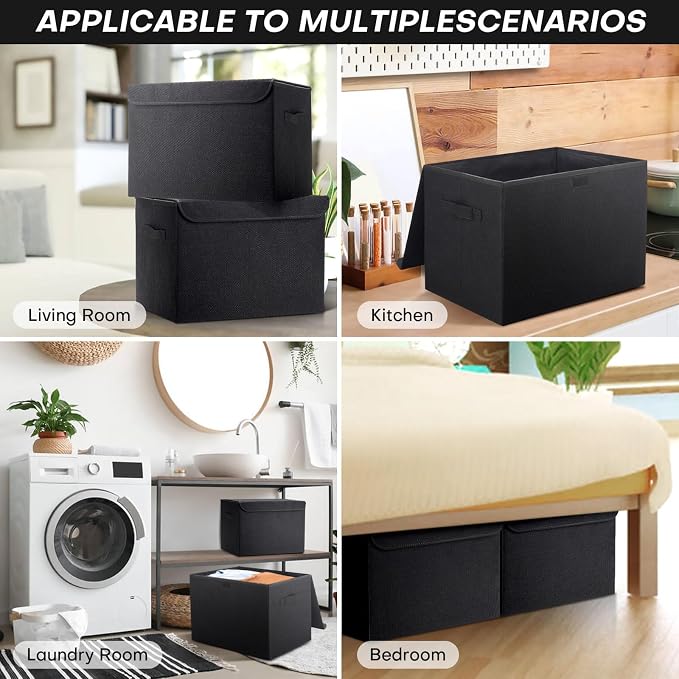 Bagnizer Large 42 Quarts Fabric Storage Bins with Lids [2-Pack] Linen Collapsible Foldable Storage Cubes, Closet Organizer Containers boxes with Handles for Home Office (16.7 x 12 x 12, Black) - Image 8