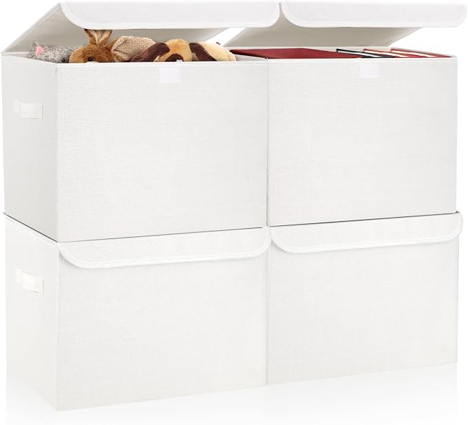 Bagnizer Large 22 Quart Linen Fabric Foldable Storage Bin Cube Organizer Basket with Flip-Top Lid & Handles, Clothes Blanket Box for Home, Office, Closet, White, 4 Pack 14.6 x 9.5 x 9.5” by Bagnizer