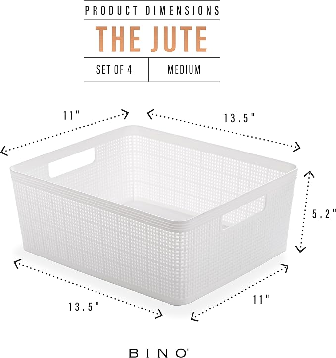 BINO | Woven Plastic Basket | Medium (White), 4-Pack | THE JUTE COLLECTION | Home Organization, Space - Saving Storage, Stylish Design | Jute Basket | Plastic Storage Basket - Image 3