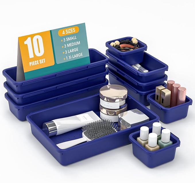 10 PCS Drawer Organizer Set, 4 Size Makeup Drawer Divider Organizer With Non-Slip Pads, Interlocking Plastic Storage Bins for Office,Jewelry Vanity,Gadgets, Bathroom,Kitchen, Navy by StoreHappily