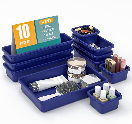 10 PCS Drawer Organizer Set, 4 Size Makeup Drawer Divider Organizer With Non-Slip Pads, Interlocking Plastic Storage Bins for Office,Jewelry Vanity,Gadgets, Bathroom,Kitchen, Navy by StoreHappily
