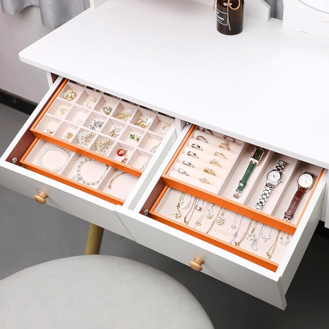 LANDICI Stackable Jewelry Organizer Trays 4 Set,PU Leather Jewelry Organizer Drawer,Jewelry Storage Display Tray for Earring Necklace Rings Bracelet with Removable Dividers,Orange - Image 4