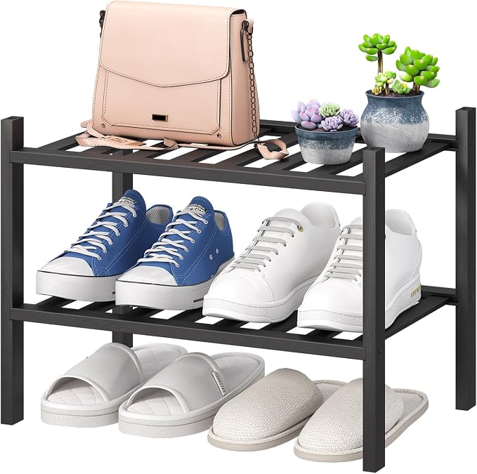 viewcare Black Small Shoe Rack for Entryway,2-Tier Bamboo Shoe Organizer for Hallway Closet, Free Standing Shoe Racks for Indoor Outdoor by VIEWCARE