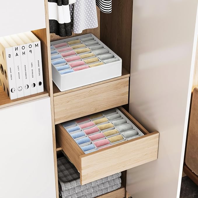Joyoldelf Sock Organizer Drawer Organizer - 2 Packs Underwear Organizer, 48 Cells Collapsible Closet Organizers and Storage Sock Holders Organizers for Storing Socks, Ties, Belts(White) - Image 6