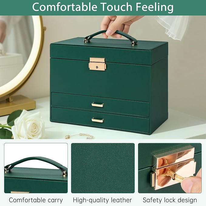 AKOZLIN Travel Jewelry Box Organizer Functional 2-trays Leather Jewelry Storage Case with Lockable Portable 2 Drawers for Women Girls Ring Necklace Earring Bracelet - Image 7