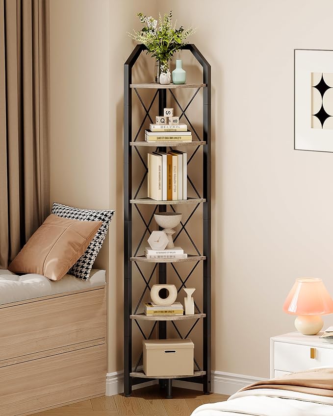 CHOEZON 6-Tier Corner Shelf, Industrial Corner Bookshelf, 71.2" Corner Storage Stand, Plant Stand Display Shelf, Corner Bookcase for Bedroom, Living Room, Home Office, Greige and Black TCJ11BG by Choezon