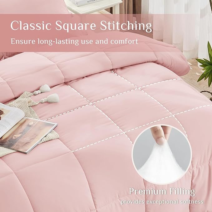 JOLLYVOGUE Twin Comforter Set, Ultra-Soft Bed in a Bag Twin Size 5 Pieces, Oeko-TEX Certified Bedding Set with Down Alternative Comforter, Sheets, Pillowcases & Shams, Blush Pink