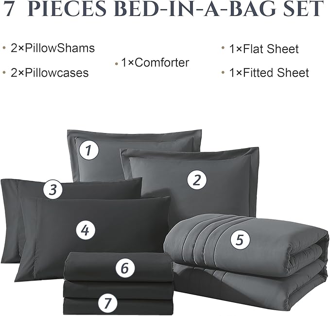 Monbix King Size Comforter Set - 7 Pieces Bed in a Bag King, Grey Bedding Sets with Comforter, All Seasons Comforter Bed Set with Sheets, Pillowcases & Shams