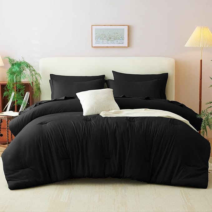 CozyLux California King Comforter Set Black, 7 Pieces Cal King Bed in a Bag Bed Comforter Set with Sheets, Luxury Soft Bedding Sets with Down Alternative Comforter, Sheets, Pillowcases & Shams