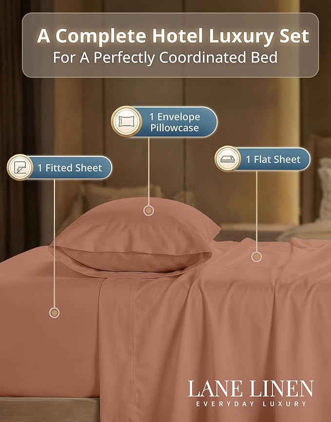 LANE LINEN 100% Cotton Sheets Twin Size - 600 Thread Count Sateen Weave for Silky Feel On Skin - Hotel Quality Luxury for Guest Rooms - 15'' Deep Pocket for Snug Fit to Your Mattress - Rose Dawn