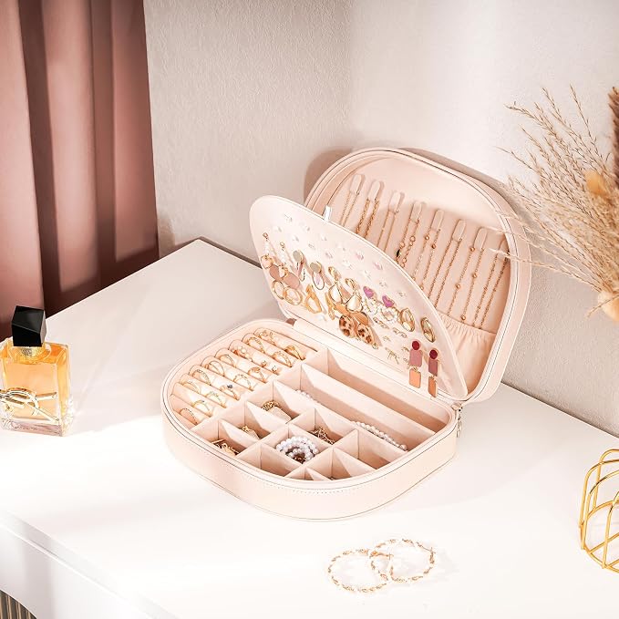 ProCase Travel Size Jewelry Box, Large Portable Seashell-Shaped Jewelry Case, 2 Layer Jewelry Organizer in PU Leather for Women -Champagne - Image 2