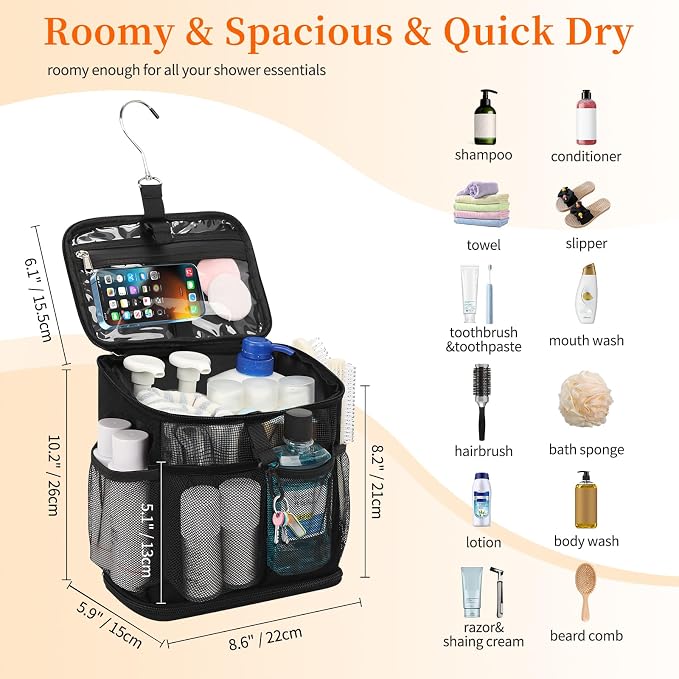 CUBETASTIC Shower Caddy Portable Mesh Shower Tote for Bathroom, Gym, Travel, Camping - Quick Dry Hanging Organizer Toiletry Bag with Handle for College Dorm Room, Men & Women - Image 3