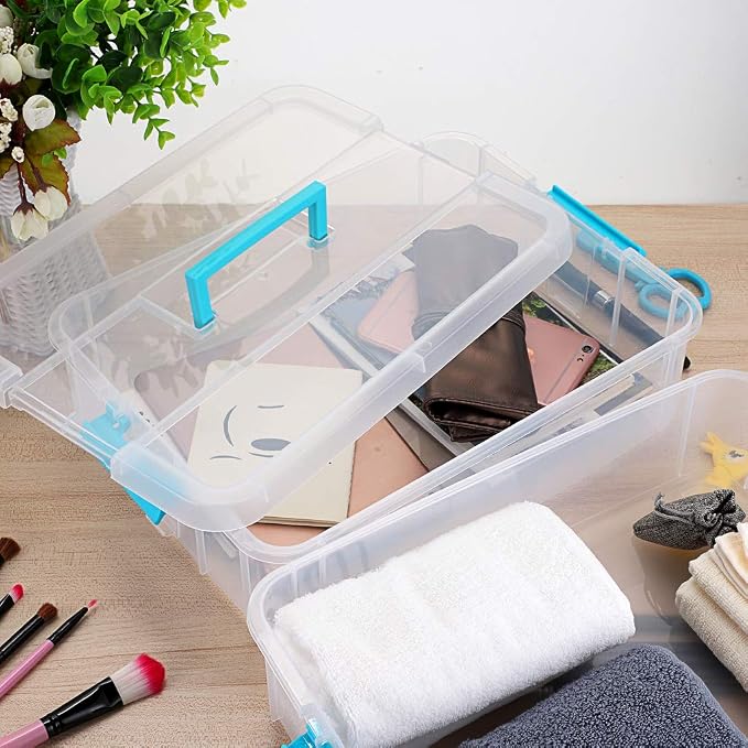 JUXYES 2-Tiers Stack Carry Storage Box With Handle, Transparent Stackable Storage Bin With Handle Lid Latching Storage Container for School & Office Supplies (Blue) - Image 7