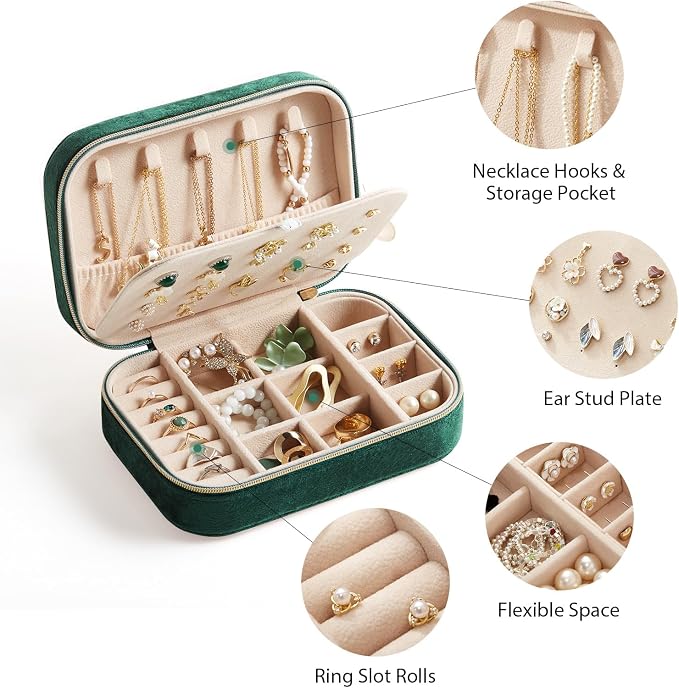 CASEGRACE Plush Velvet Travel Jewelry Box, Portable Jewelry Case for Women Girls, Double Layer Jewelry Organizer Display Box for Necklace Earring Rings Bracelet, Travel Accessory Gifts, green - Image 3