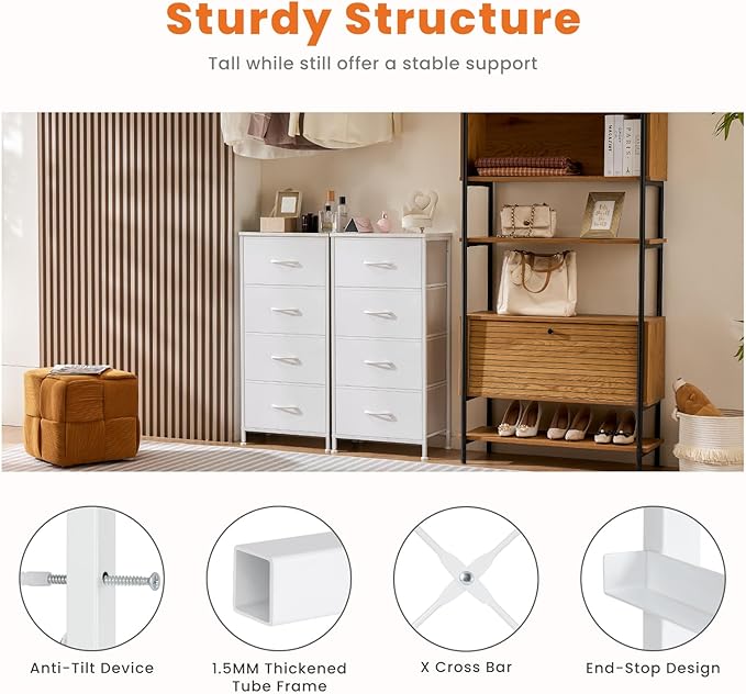 Sweetcrispy Dresser for Bedroom, Storage Drawers, Skinny Fabric Storage Tower with 4 Drawers, Tower Organizer Unit, Chest of Drawers with Wooden Top for Closet，Entryway