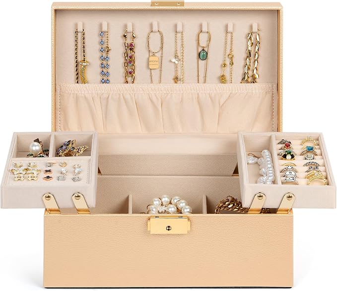 AKOZLIN Travel Jewelry Box Organizer Functional 2-trays Leather Jewelry Storage Case with Lockable Portable for Women Girls Ring Necklace Earring Bracelet Champagne - Image 4