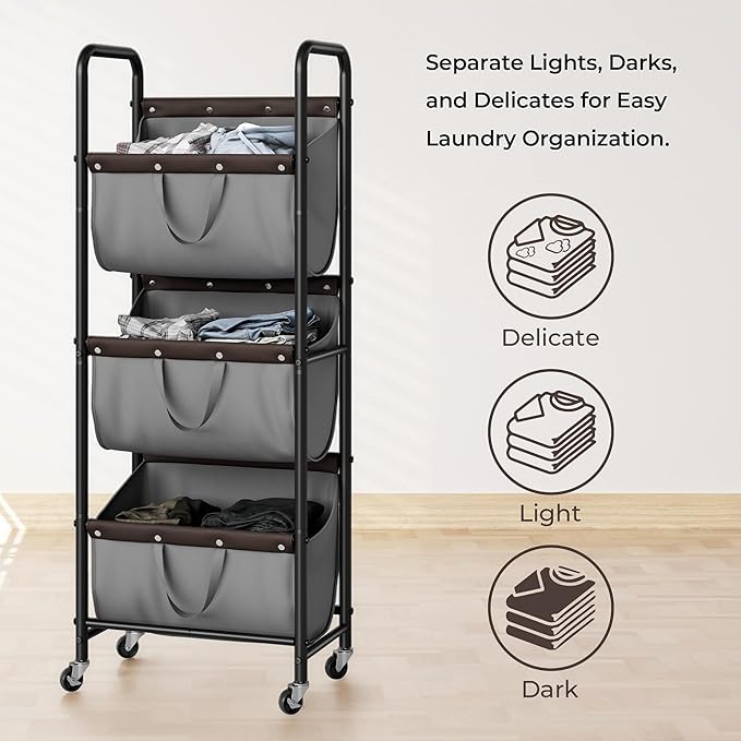 GRANNY SAYS 3 Tier Laundry Sorter, Laundry Hamper with Wheels, Laundry Room Organization and Storage, 3 Section Rolling Laundry Cart for Dorm, Bathroom, Bedroom, Closet, Grey - Image 7