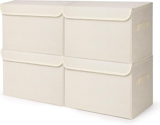 Bagnizer Large 22 Quart [4-Pack] Linen Fabric Foldable Storage Bin Cube Organizer Basket with Flip-Top Lid & Handles, Clothes Blanket Box for Home, Office, Closet (14.6 x 9.5 x 9.5, Beige) by Bagnizer