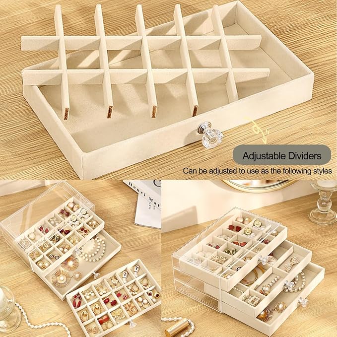 SPAKOWN Earring Box Holder Organizer Display Case, Clear Velvet Jewelry Storage Tray Organizer for Earring Ring Stud (Beige - 3 Drawers) - Image 2
