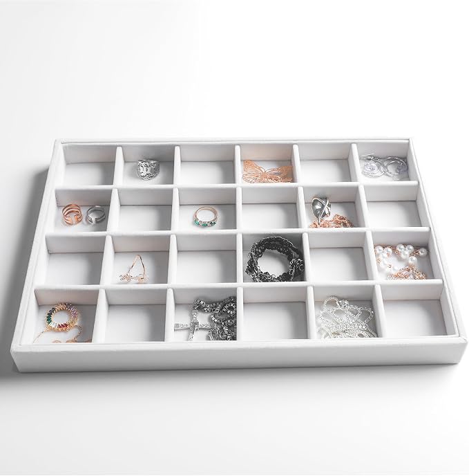 Frebeauty Stackable Velvet Jewelry Organizer Trays for Drawers Inserts Jewelry Storage Tray Display Case, Stud Earrings Bracelets Necklace Rings Accessories Trays for Women(Set of 4)(White) - Image 4