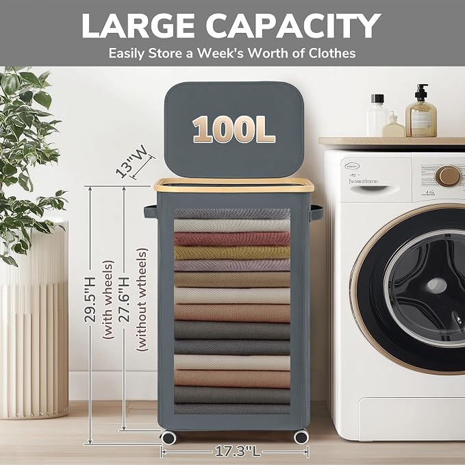 Goodpick Laundry Basket with Wheels, Large Rolling Laundry Hamper Slim Clothes Hampers with Removable Wash Bag Collapsible Dirty Clothes Basket with Lid, 100L, Gray - Image 3