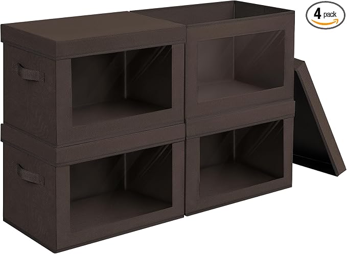 Homsorout Collapsible Storage Bins with Clear Window - Clothes Organizers and Storage, Decorative Boxes with Lid, Fabric Storage Cube, Storage Baskets for shelves, Yarn, Home, Brown, 4-Pack by Homsorout