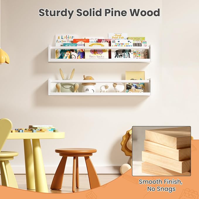 upsimples 2 Pack Nursery Book Shelves, 23.6 Inch Floating Bookshelves for Wall, Baby Nursery Decor, Small Solid Wood Wall Mounted Shelves for Baby Kids Boys Girls, White - Image 6