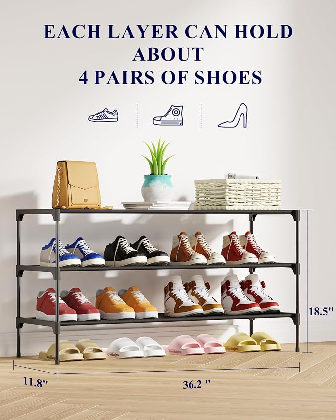 Kitsure Shoe Rack - Non-Woven Shoe Rack Shelf, Shoe Organizer for Closet, Entryway, Garage & Corridor, Stackable Shoe Shelves, 36.2" Wide - 3 Tier, Black - Image 2