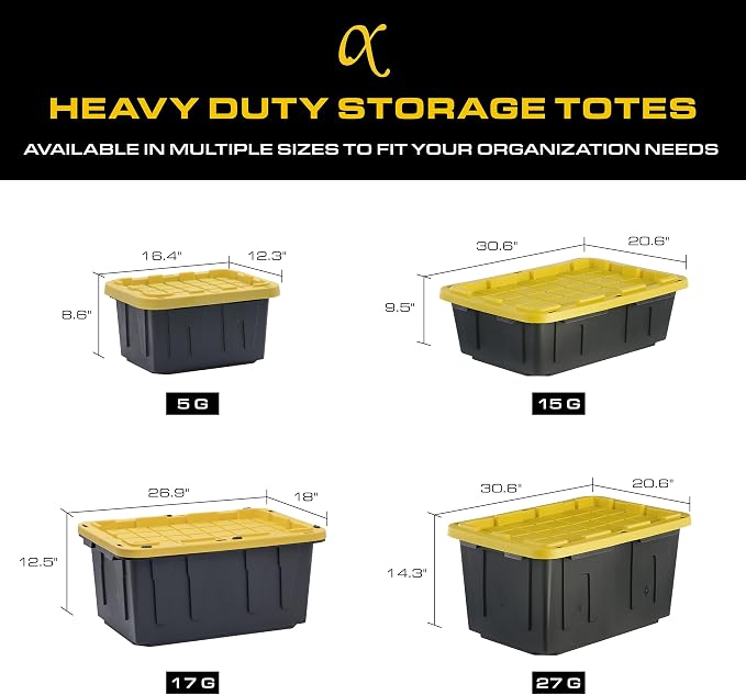 CX Black & Yellow 27-Gallon Heavy Duty Storage Bins with Lids, Stackable Plastic Storage Bins with Weather-Resistant Design, Home Organization, 4 Pack (14.3"H x 20.6"W x 30.6"D) - Image 8