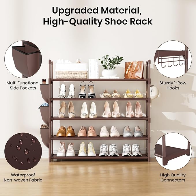 VILICK Shoe Rack for Closet Shoe Organizer Space Saver Storage for 20-25 Pair Shoe Shelf with Hook and Side Pocket Free Standing 5 Tier Shoe Rack Organizer for Entryway,Small Spaces, Brown - Image 4