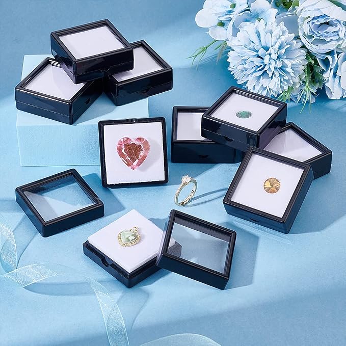 BENECREAT 12PCS Black Gemstone Display Box, Square Acrylic Diamond Jewellery Tray Box Container with Clear Lids and Sponge for Gems, Stone, Pendants, Crystal - Image 5