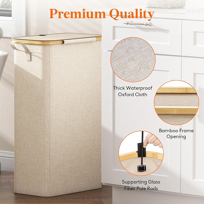 Lifewit 75L Slim Laundry Hamper with Lid, Narrow Laundry Basket with Removable Bag & Bamboo Handles, Fodable Thin Dirty Clothes Hamper for Laundry Collapsible Bin for Bathroom Bedroom Dorm, Beige - Image 7