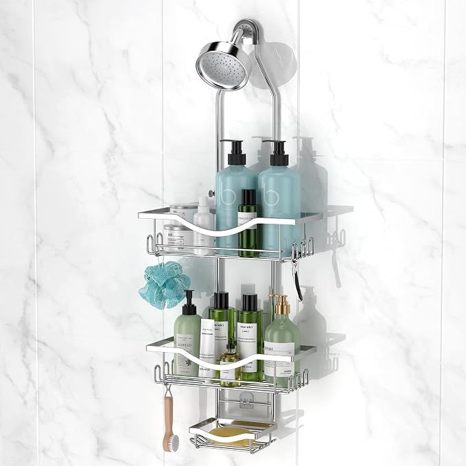 Shower Caddy Hanging Adjustable Shower Caddy, Rustproof Shower Organizer Extended Length Showers Caddy Over Shower Head with Hooks Soap Holder, Large Capacity Anti-Swing Bathroom Organizer, Silver by REINHARDT