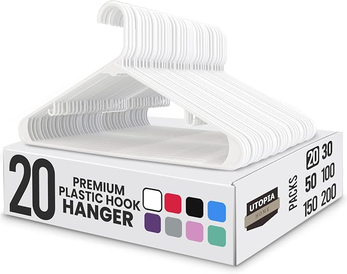 Utopia Home Plastic Hangers 20 Pack - Space Saving Clothes Hanger - Durable & Strong Closet Organizers and Storage with Built-in Strap Hooks - Essential for Shirts, Pants, Skirts & Coats (White) by UTOPIAHOME