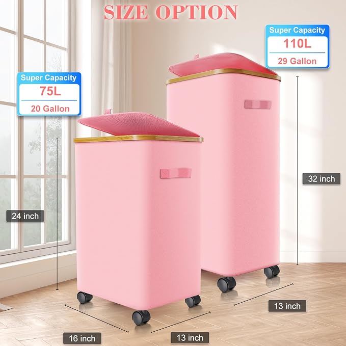 Laundry Hamper with Wheels,29 Gal (110L) Laundry Basket with lid Rolling Clothes Hamper Foldable Dirty Clothes Basket on wheels with Bamboo Frame and Bag for Bedroom, Dorm, Laundry Room-Pink - Image 4