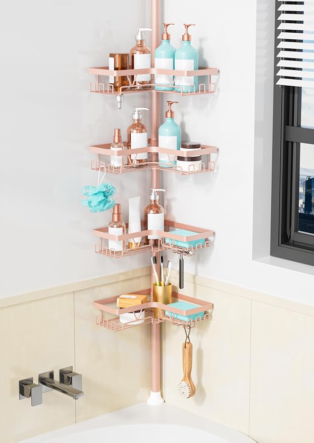 KEGII Corner Shower Caddy Tension Pole - 4-Tier Rustproof Bathroom Organizer, Floor to Ceiling Shower Caddy 25-114.2 inch, No Drilling Shower Storage Rack for Shampoo, Towels (Blush Nude) by KEGII