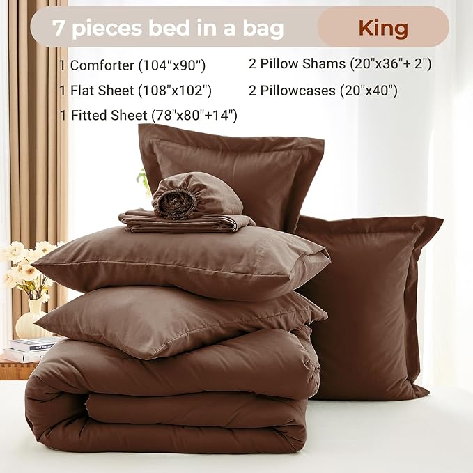 MUXHOMO 7 Pieces King Comforter Set, Soft Bed in a Bag King Size, All Season Bedding Set with Comforter, Flat Sheet, Fitted Sheet, Pillowcases & Shams, Brown