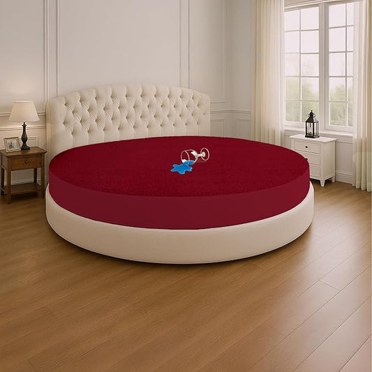 SGI Bedding Waterproof Round Mattress Protector 80" Diameter– 15" Deep Pocket Fitted Style Terry Cotton Mattress Pad Cover, Soft, Breathable & Noiseless, Spills & Stains Bed Protection – Burgundy
