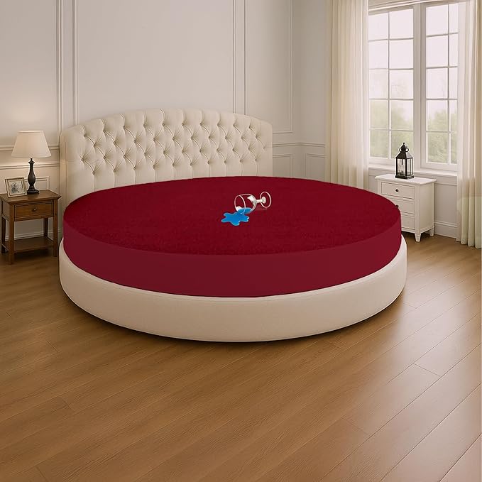 SGI Bedding Waterproof Round Mattress Protector 96" Diameter– 15" Deep Pocket Fitted Style Terry Cotton Mattress Pad Cover, Soft, Breathable & Noiseless, Spills & Stains Bed Protection – Burgundy