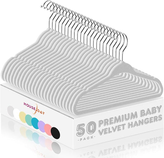 HOUSE DAY 11 Inch Velvet Baby Hangers 50 Pack Grey, Premium Kids Hangers for Children, Infant & Toddler Clothes, Durable Non Slip Small Baby Felt Hanger for Closet, Ideal for Everyday Use by HOUSEDAY