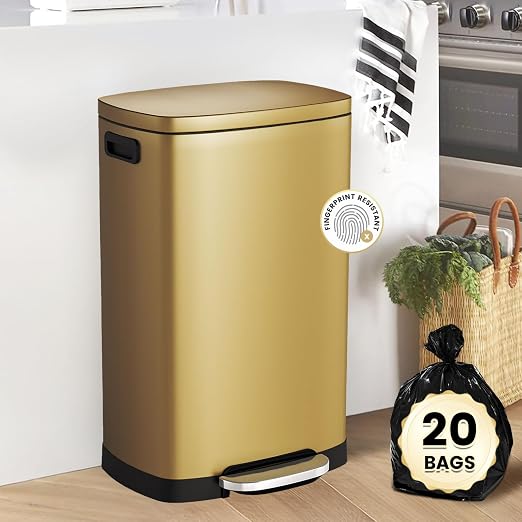 ELPHECO Kitchen Trash Can with Lid Soft Close, 13 Gallon / 50L Stainless Steel Pedal Garbage Can, Heavy-Duty Step Wastebasket with 20 Bags, Removable Bucket, Home Office, Kitchen, Titanium Gold - Image 2