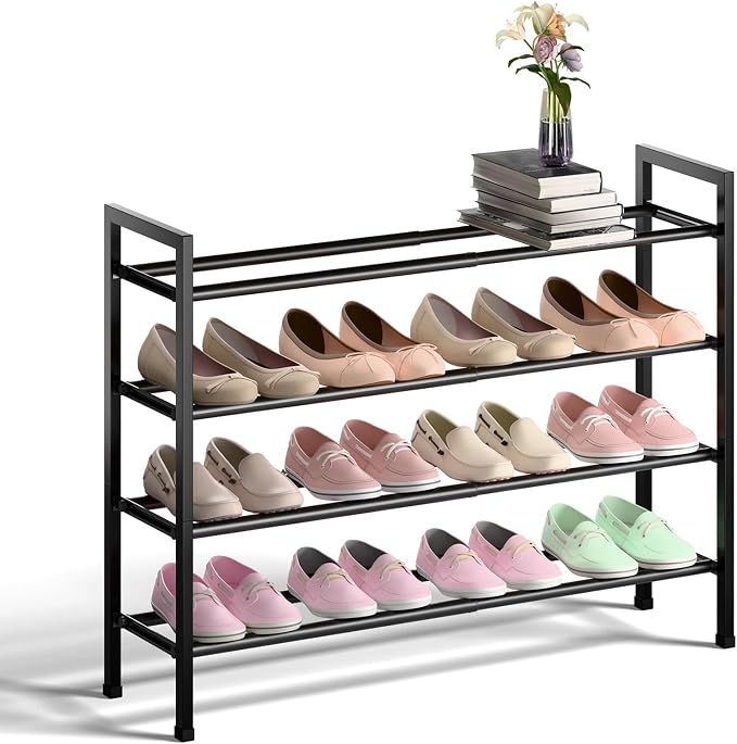 Bumusty 4-Tier Expandable Shoe Rack for Closet, 18“-33” Adjustable Shoe Rack for Small Space, Small Shoe Organizer for Front Door, Sturdy Metal, Black by BUMUSTY