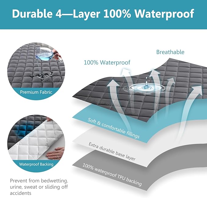 Full Size Quilted Fitted Mattress Pad Cover, 100% Waterproof Mattress Protector, Deep Pocket Fitted 8" - 21", Breathable & Noiseless, Soft and Comfortable (54" x 75", Dark Gray)