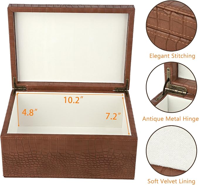 HofferRuffer Faux Leather Decorative Box, Large Wooden Structure Keepsake Box Accessory Organizer Jewelry Organizer with Hinged Lid, Storage Container for Home or Office (CrocoBrown) - Image 3