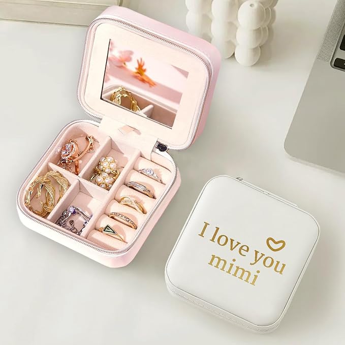 COLLECTIVE HOME - Travel Jewelry Case, Elegant Square Design with Heartfelt Message, Built-in Mirror, Personalized Mother's Day Gift Organizer for Rings, Necklaces, and More (I love you mimi) by COLLECTIVEHOME