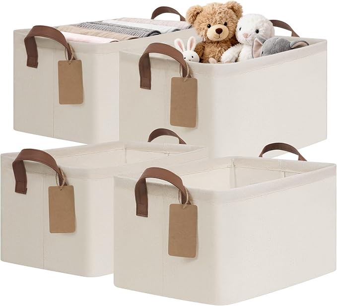 CHICVITA 4 Pack Storage Baskets for Shelves, Collapsible Fabric Closet Baskets for Organizing, Shelf Bins with Metal Frame, Clothes Towel Organizer for Closet, 14.8" x 10.3" x 8.3", Beige by CHICVITA