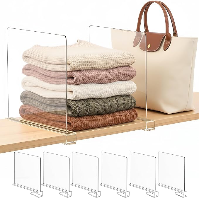 SortNStore Shelf Dividers Purse Organizer for Closet: 11-inch Tall(Extra Tall) Acrylic Sweater Organizer - Upgraded Extra Height for Large Handbags, Totes, Clothes, Towels on Wood Shelves 6-Pack by SortNStore